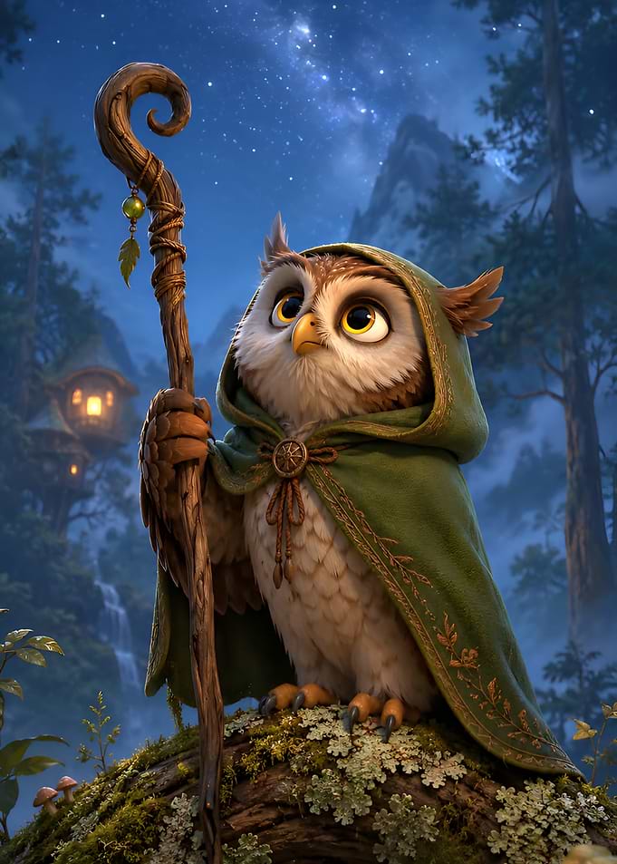 Wise Owl Wizard in Enchanted Forest