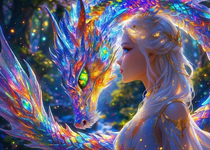 Ethereal Woman and Iridescent Dragon