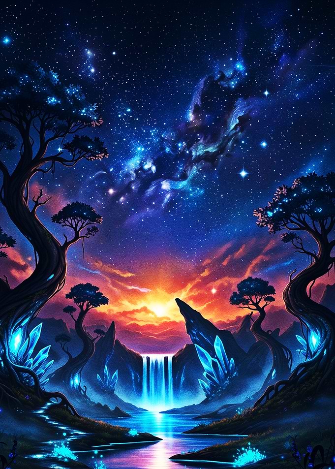 Celestial Crystal Falls Under the Infinite Starry Sky