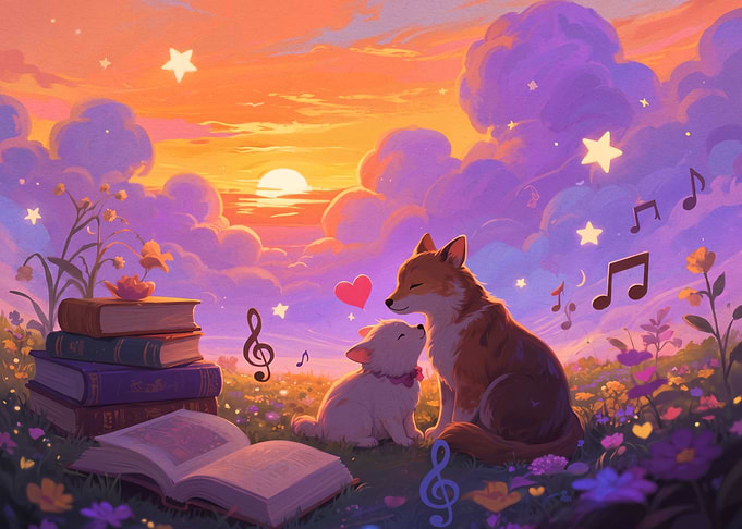 Fox and Puppy in Magical Meadow