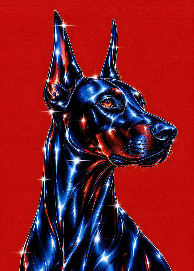 Metallic Doberman Portrait on Red