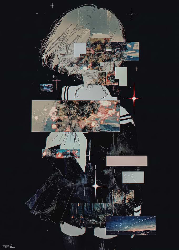 Glitch Anime Girl with Nature Fragments