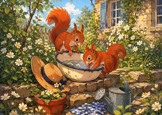 Two Squirrels Playing in Garden