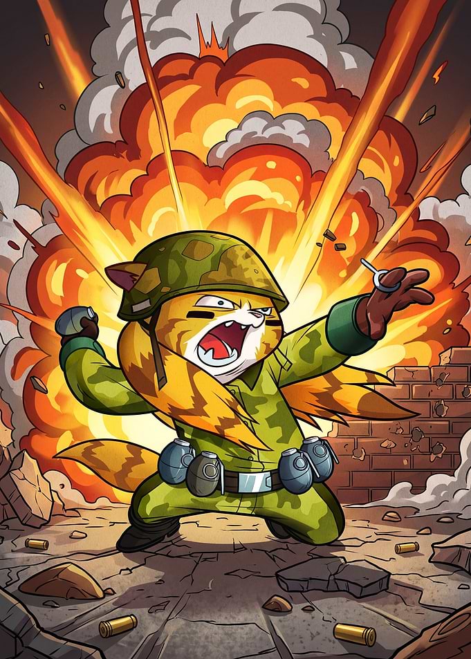 Cartoon Soldier Cat Throwing Grenade