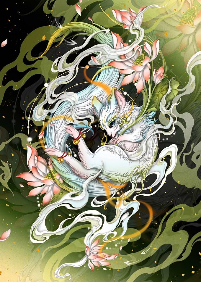 Ethereal White Fox and Lotus Flowers