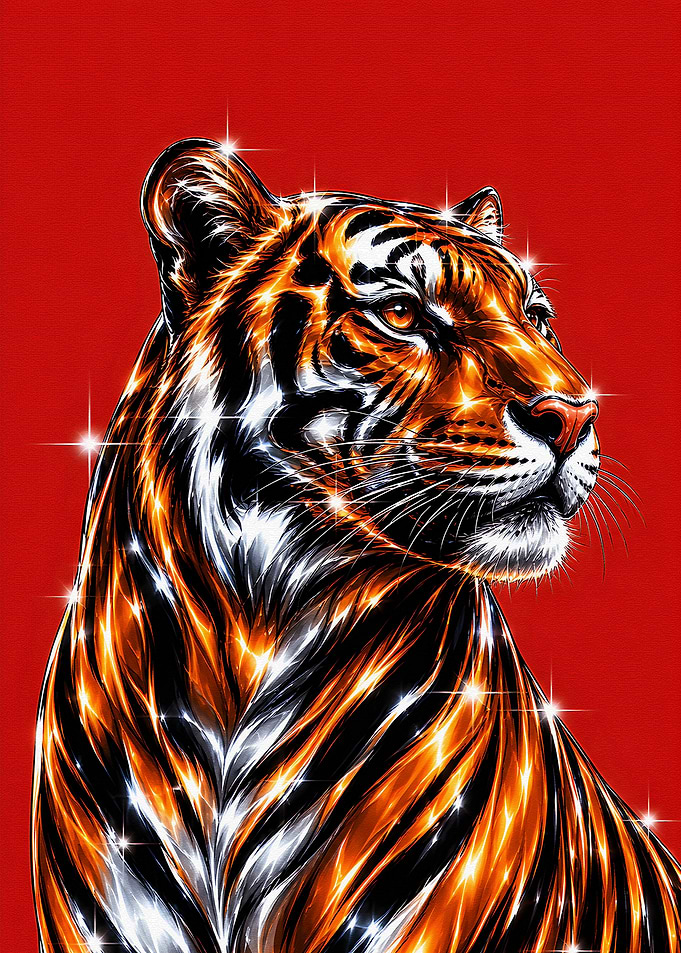 Sparkling Tiger Portrait on Red