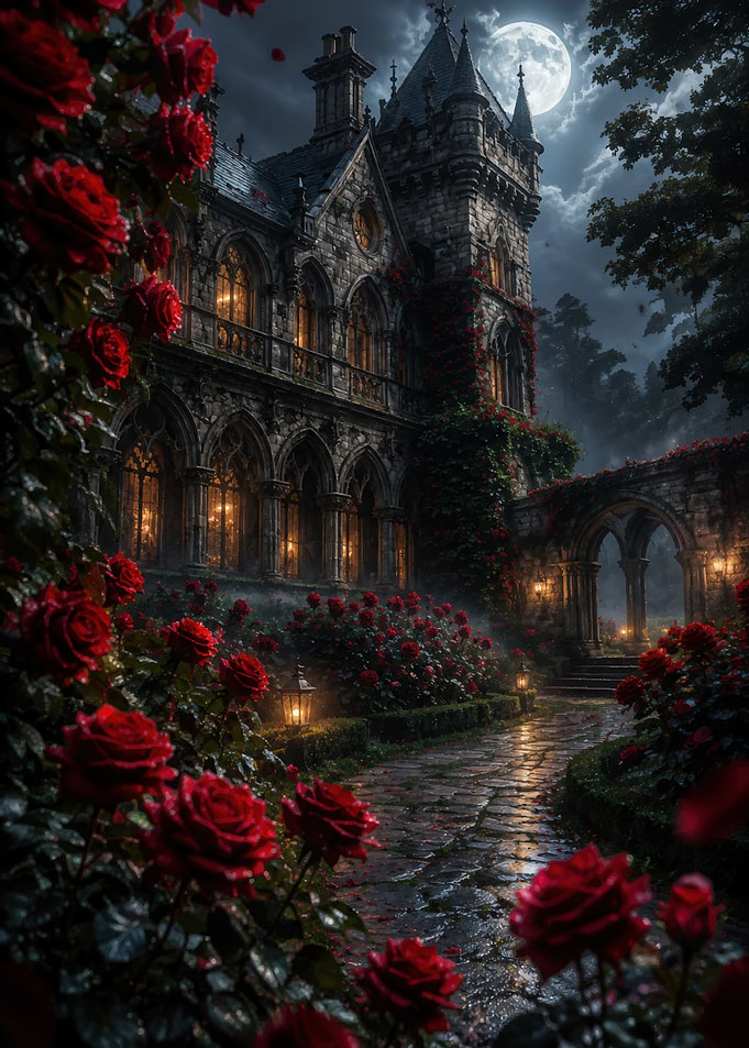 Gothic Castle Garden Under Moonlight