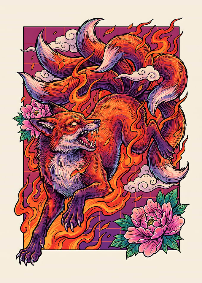 Kitsune Nine-Tailed Fox Japanese Art