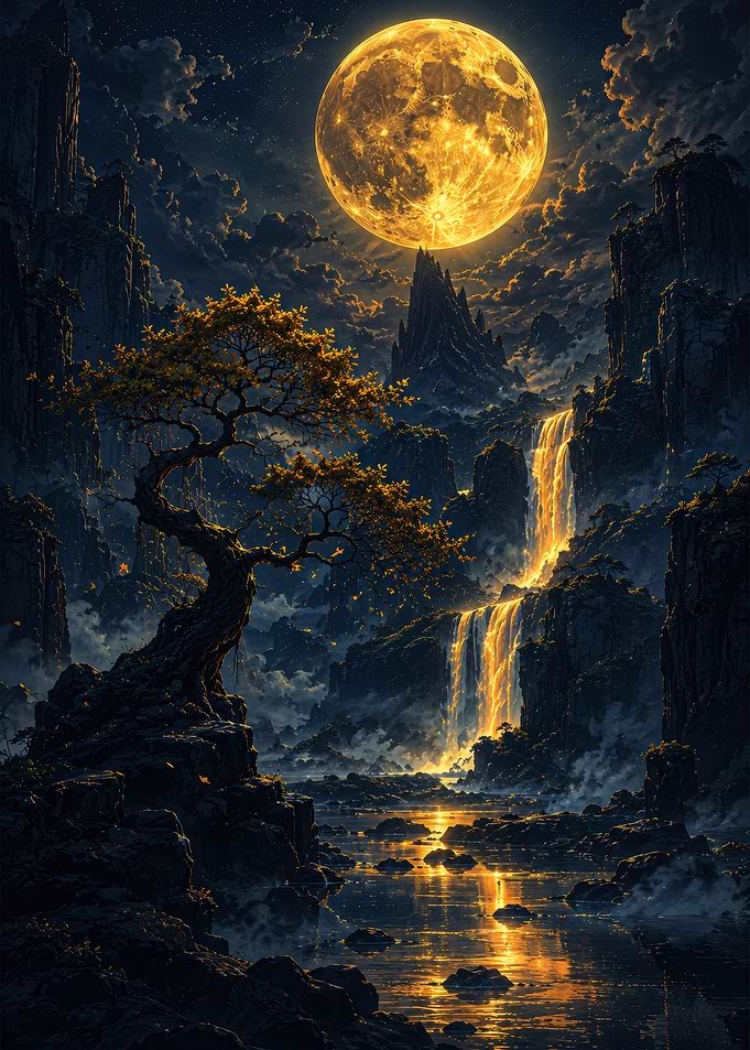Golden Moonlit Waterfall Landscape
