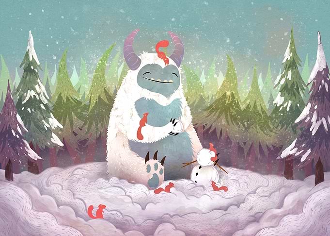 Yeti Building a Snowman with Squirrels