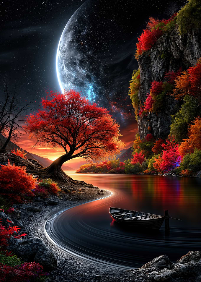 Ethereal Autumn Lake Under Cosmic Moon