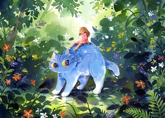 Girl Riding a Giant Blue Cat