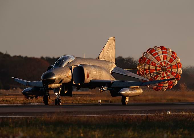 F-4 Phantom Drag Chute Landing at Sunset
