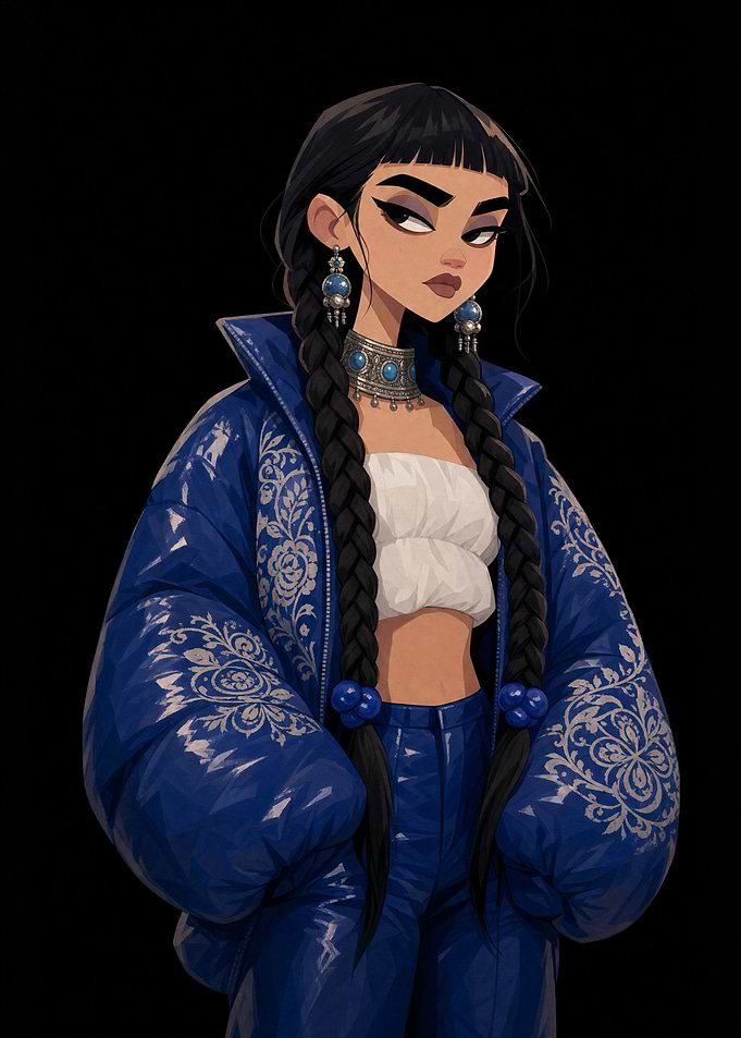 Stylish Woman in Blue Puffer Jacket