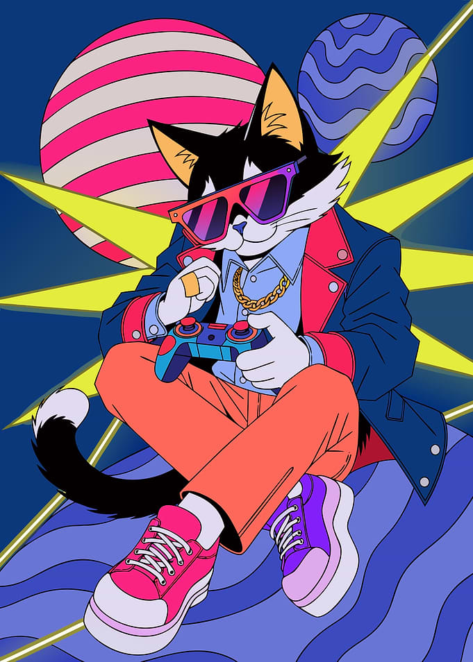 Cool Retro Gamer Cat Illustration