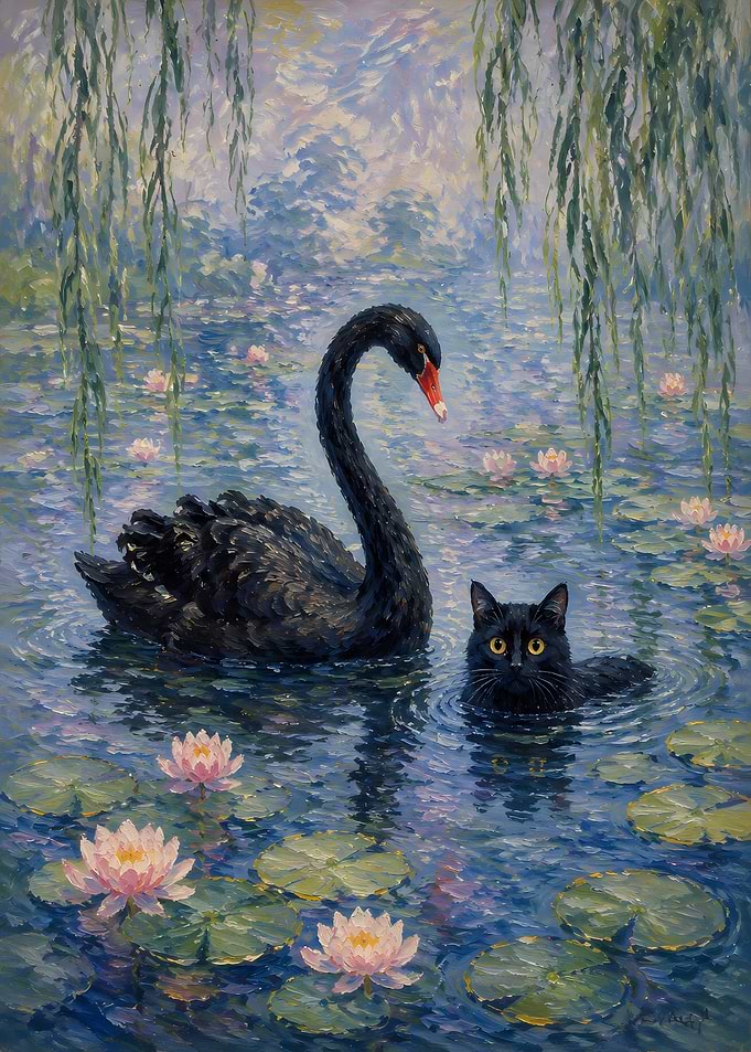 Black Cat and Swan in Pond