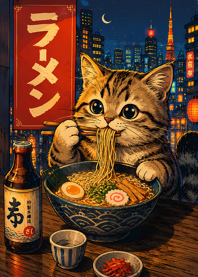Cute Kitten Eating Ramen in Tokyo