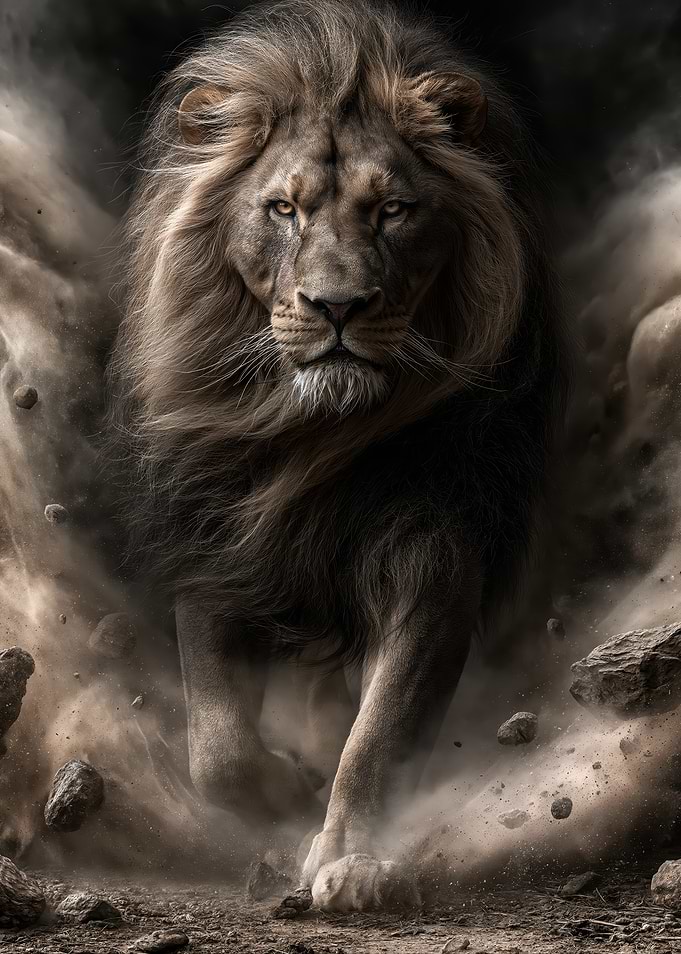 Majestic Lion Charging Through Dust