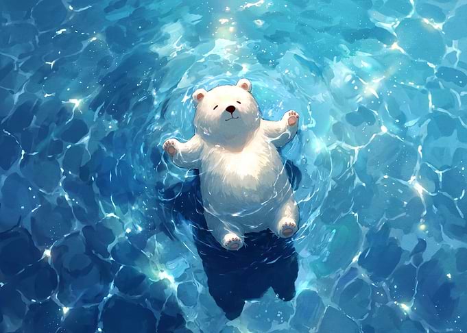 Cute Polar Bear Floating in Water