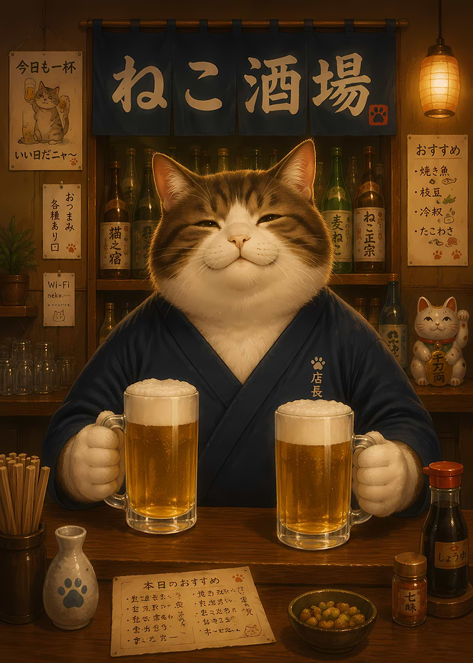 Cat Bartender Serving Beer