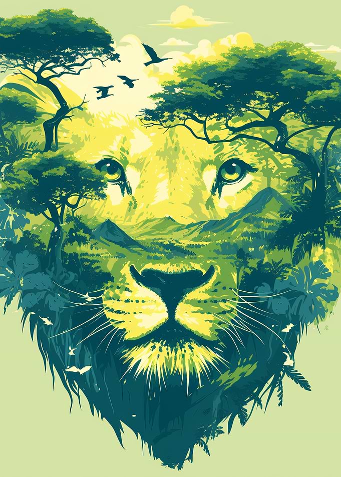 Double Exposure Lion Landscape Art