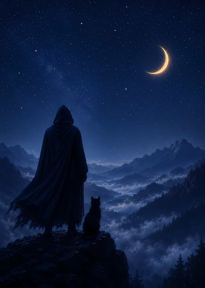 Cloaked Figure and Cat Under Moon