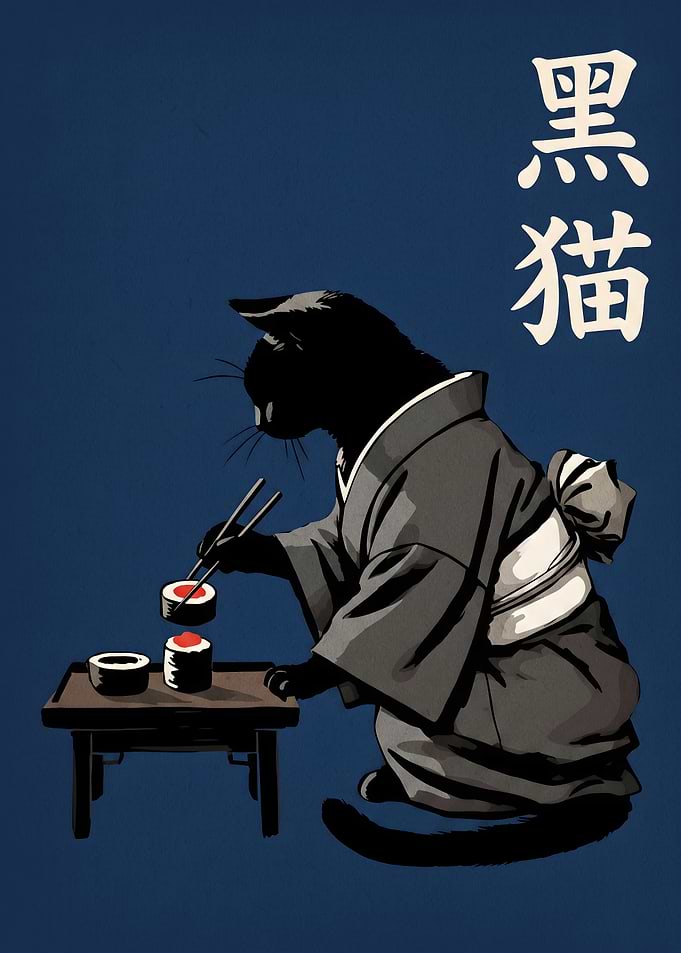 Black Cat Eating Sushi Illustration