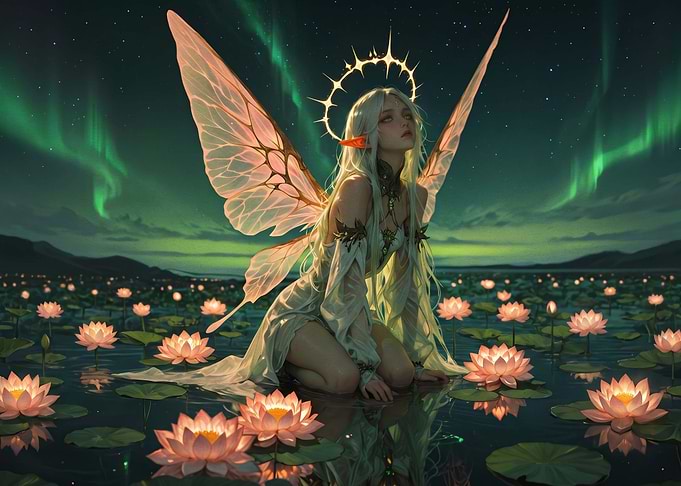 Ethereal Fairy Amidst Glowing Lotus Pond