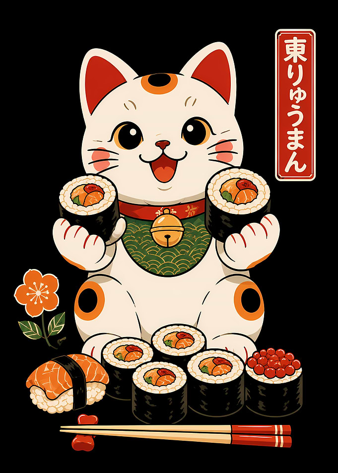 Lucky Cat Enjoying Sushi Feast