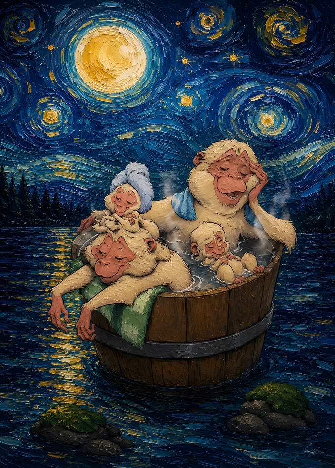 Moonlit Monkey Family – Cozy Hot Spring Under a Starry Night