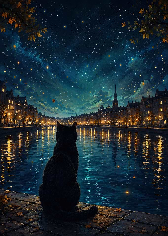 Black Cat Watching Starry City Canal
