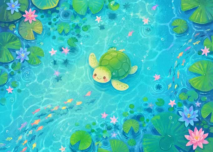 Cute Turtle Swimming in Pond