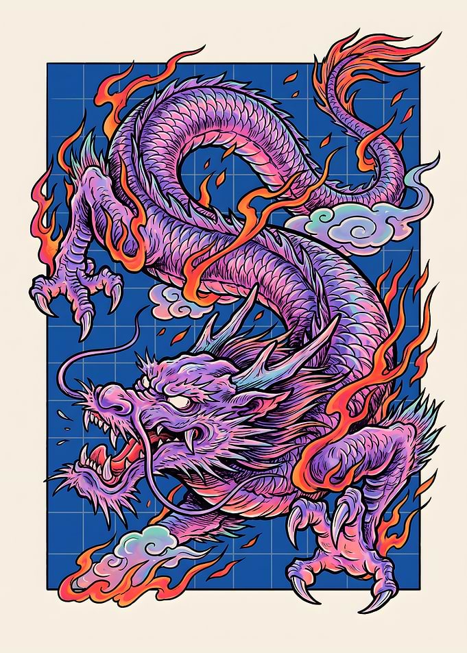 Vibrant Purple Japanese Dragon Illustration