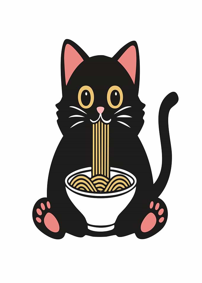 Cute Black Cat Eating Ramen