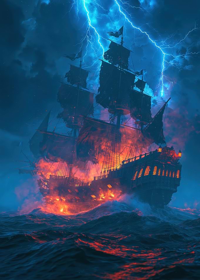 Burning Ghost Ship in Storm