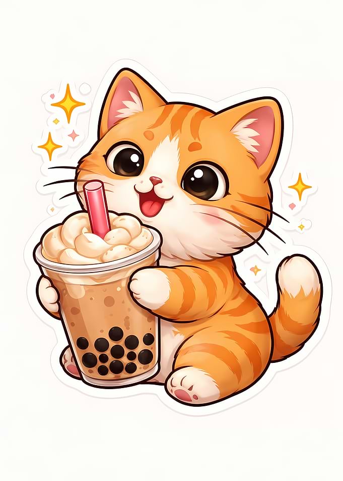 Cute Orange Tabby Cat Drinking Boba