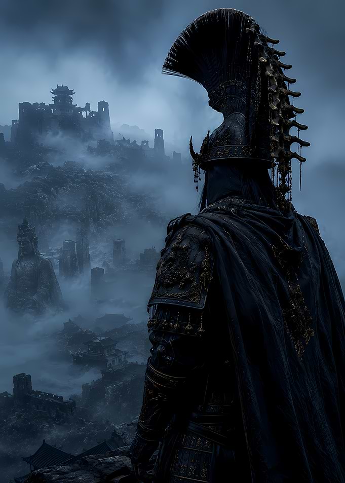 Warrior overlooking a misty ancient city