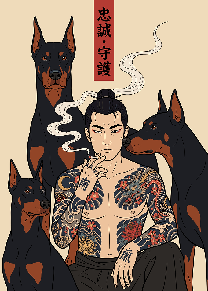Yakuza Style Man with Dobermans