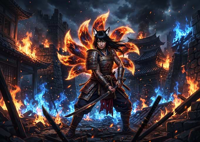 Kitsune Samurai Warrior in Burning Ruins