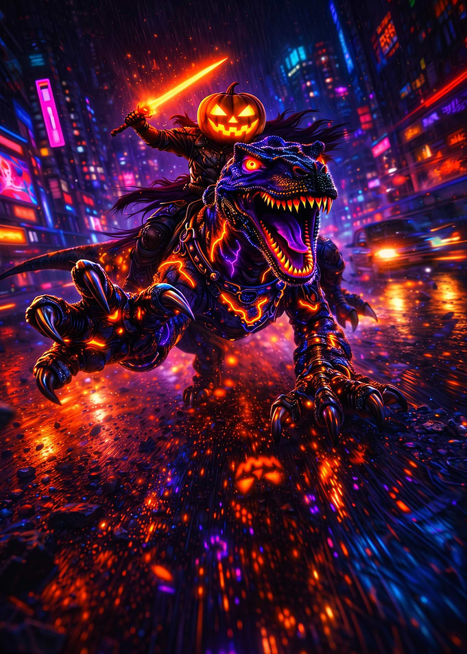 Cyberpunk Pumpkin Rider on Dinosaur
