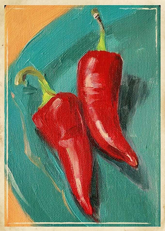 Oil Painting of Two Red Peppers