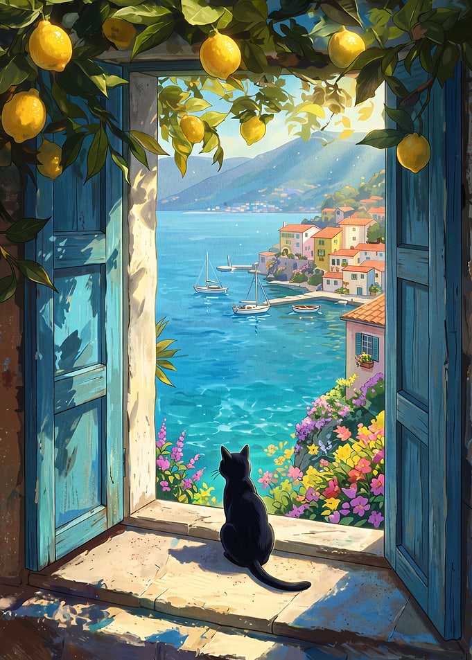Black Cat Looking at Mediterranean Coast