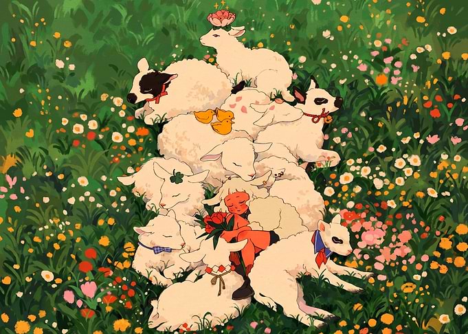 Girl Resting Among Sleeping Lambs