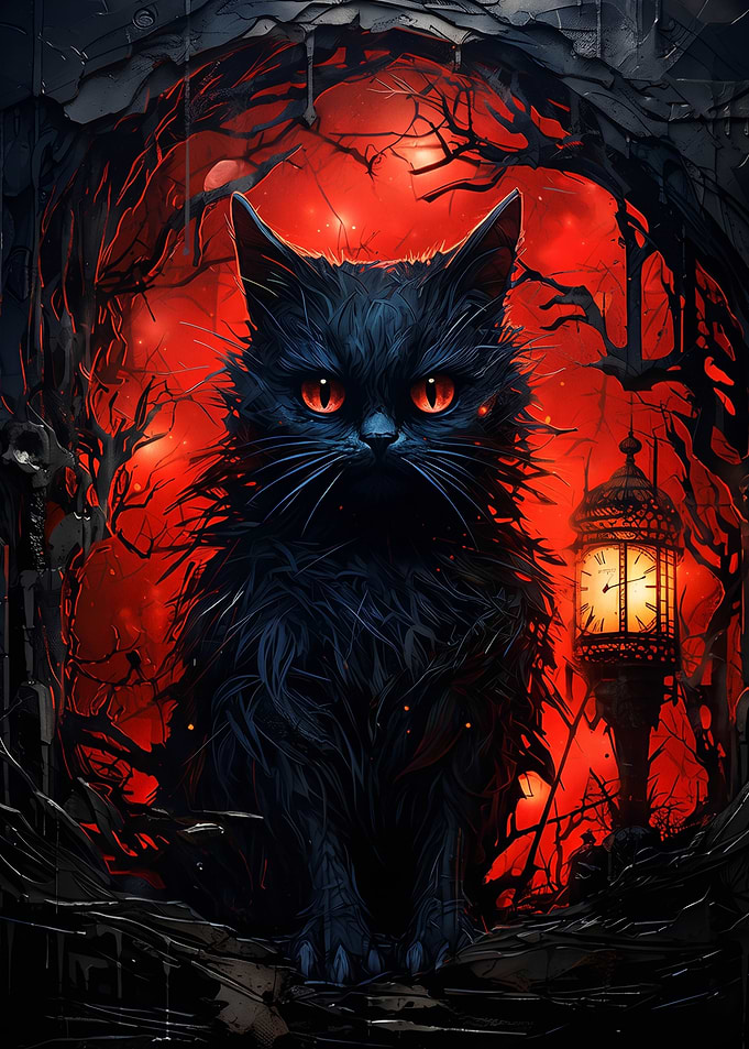 Mystical Black Cat in Red Forest