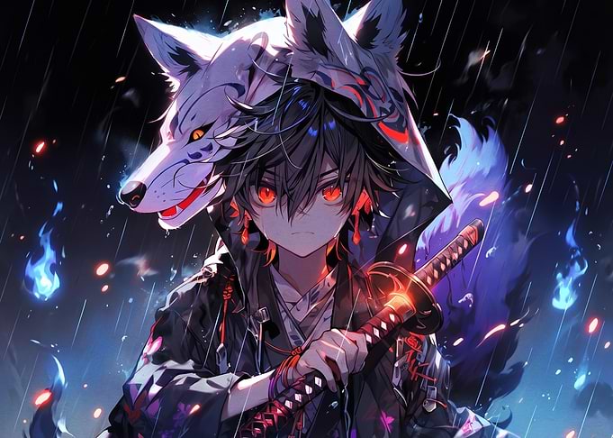 Anime Boy with Wolf Mask and Katana