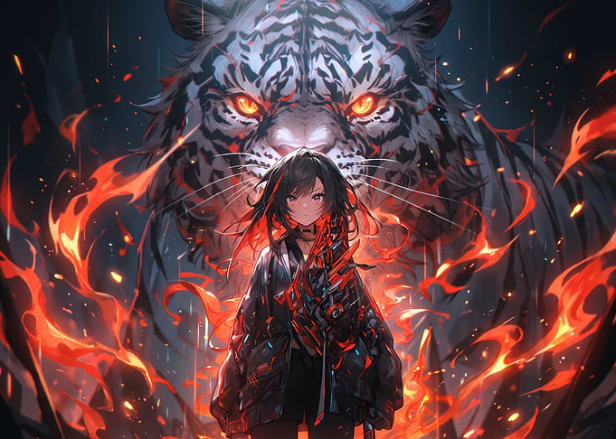 Anime Girl with Fiery Tiger Spirit