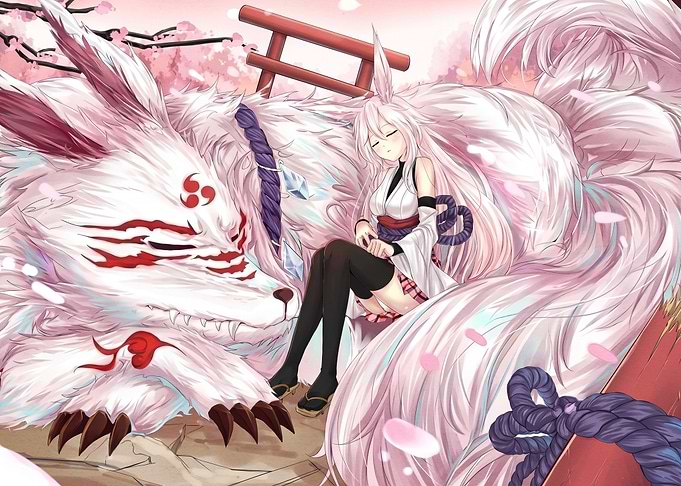Anime Girl Sleeping with Giant Fox