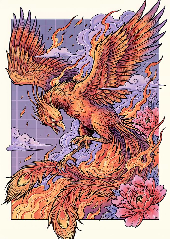 Fiery Phoenix with Peonies Illustration
