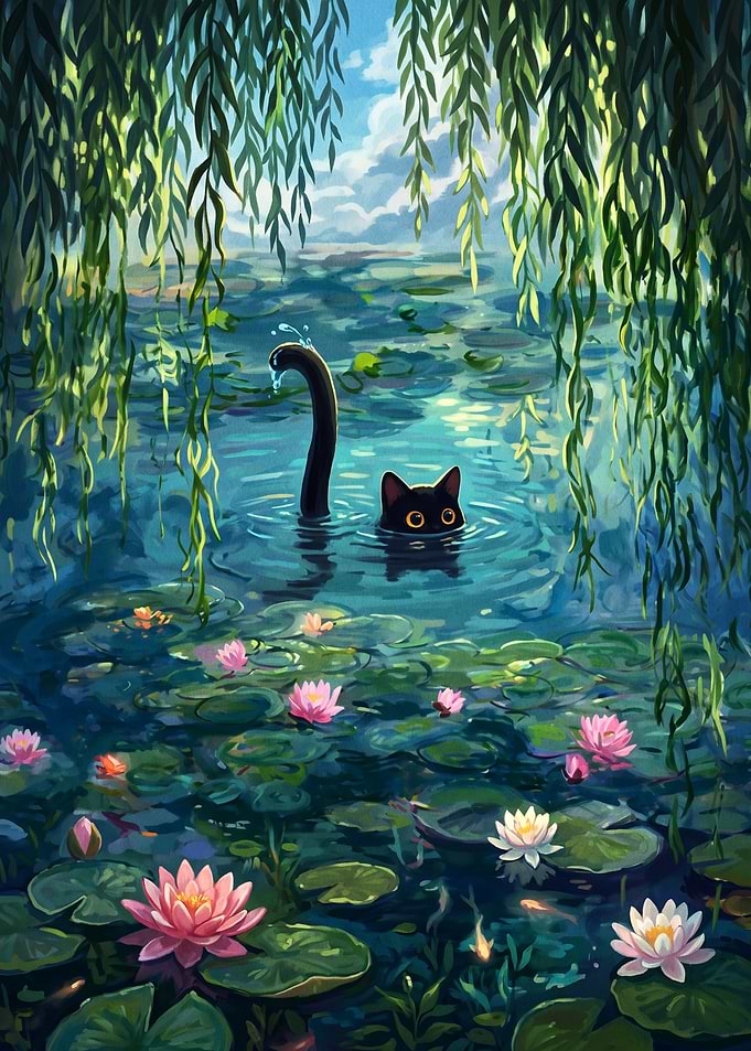 Black Cat Swimming in Lily Pond