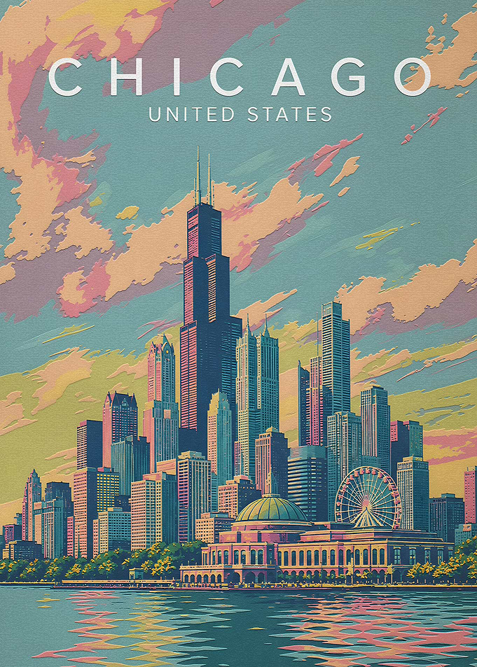 Vintage Chicago Skyline Travel Poster